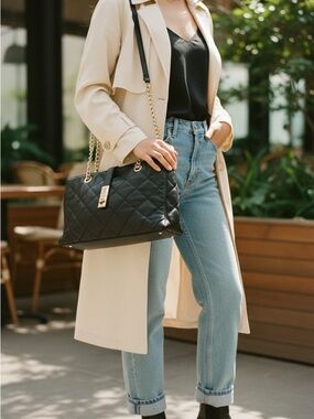 ALDO Tri-Tone Croc-Embossed Top Handle Satchel - Black/White/Tan